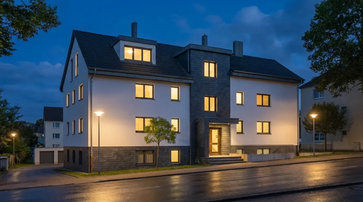 Basswood Mountain — Nachtansicht Hauptstraße, Neubau Lindenberg im Allgäu