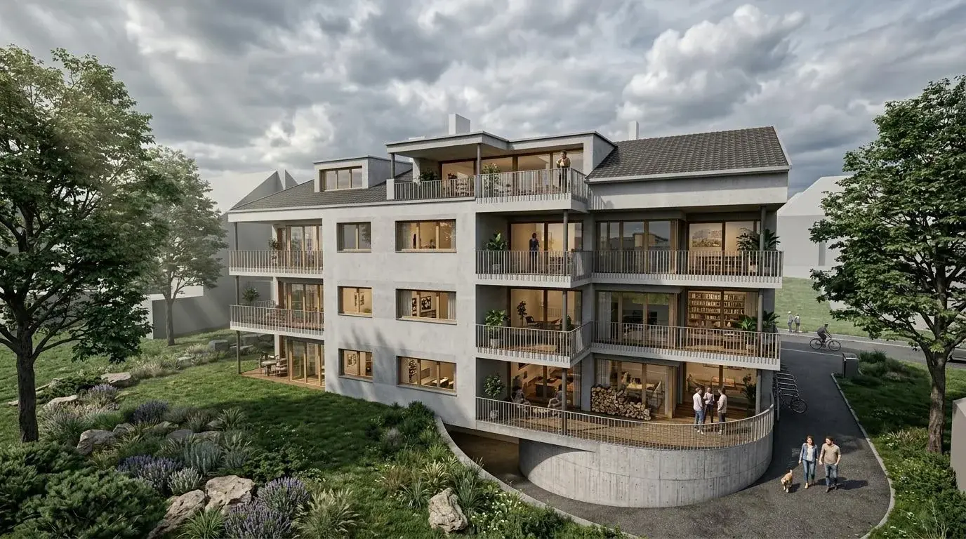 Penthouse — Gebäudeansicht mit Dachgeschoss-Ebene