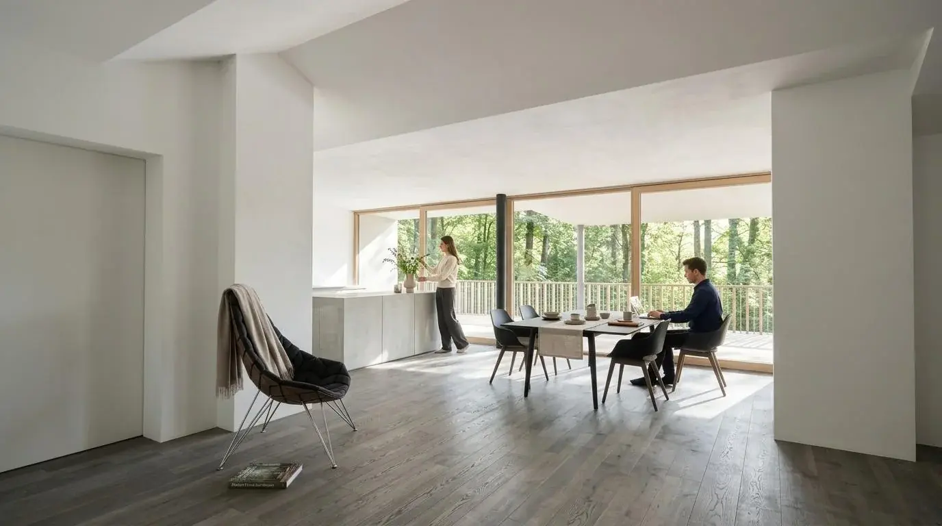 Penthouse — Wohn- & Essbereich mit bodentiefen Fenstern